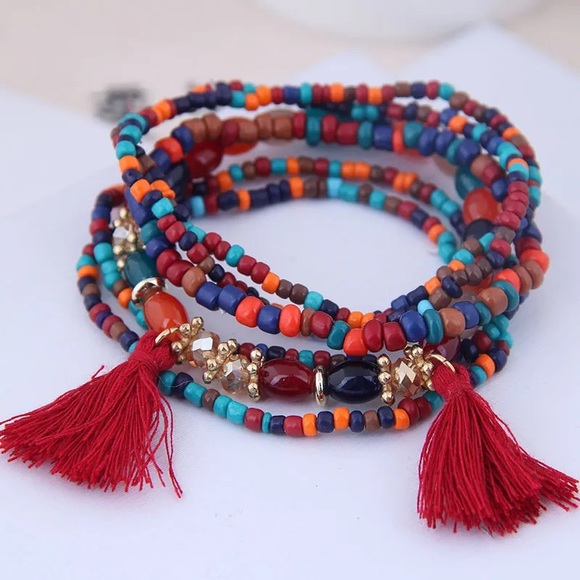 Bracelet Multi layer (6) Bead Tassel Boho Stretch Stackable - Picture 3 of 8
